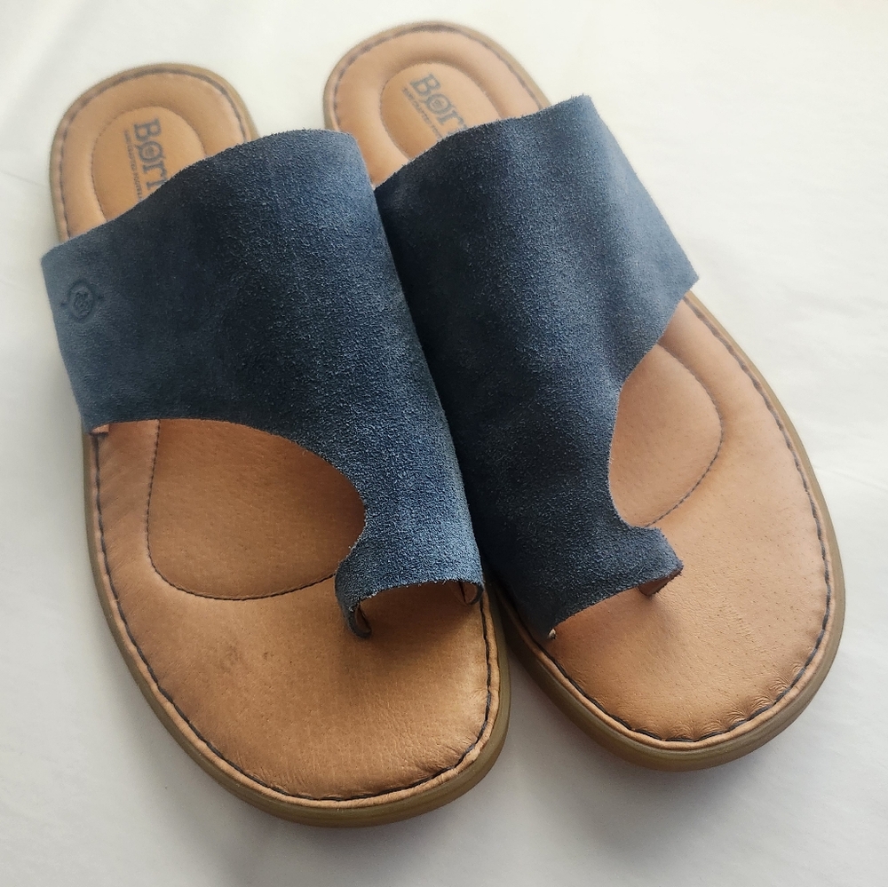 Born Sandals Size 10 Blue Suede Leather Toe Flat Slip On Comfortable Walking - Picture 2 of 9